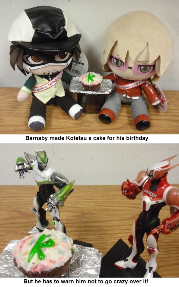 From Cathy M. "Barnaby is practicing his cooking skills for Kotetsu's birthday, but Kotetsu gets over excited and Barnaby has to remind him to calm down. I'm glad to show off the T&B merchandise I got for Christmas!"